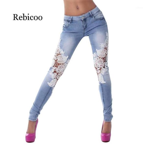 

women ladies lace stitching jeans skinny pencil pants denim casual trousers distressed1, Blue