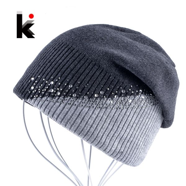 

winter knitted hat women rhinestones color stitching beanies caps ladies outdoors skies bonnet hat girls skullies touca inverno y201024, Blue;gray