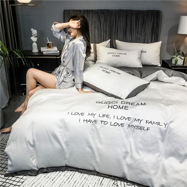 

bedding set high-end korean satin jacquard four-piece cotton set, pure cotton bed linen and bedding pure color double-sided