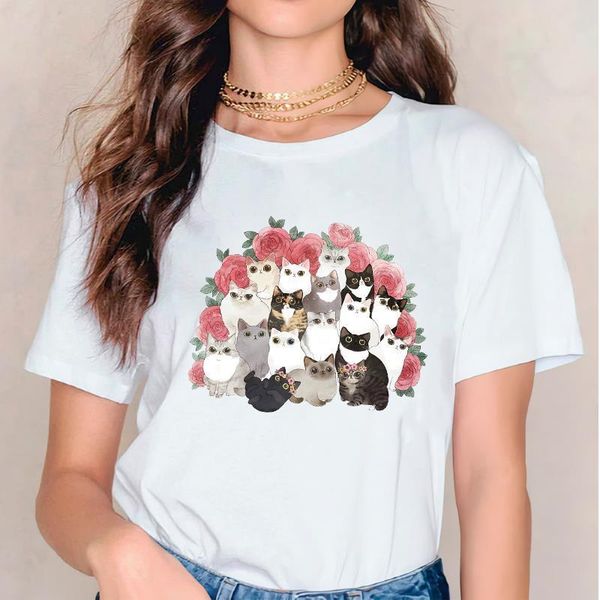 

женщины женские tee цветочный цветок кошка животное животное животное 90s повседневная любовь мода печатает леди футболки топ женские графич, White