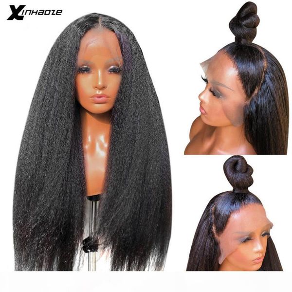 

kinky straight wig lace front human hair wigs brazilian 360 lace frontal wig 150 180 density italian yaki human hair, Black;brown