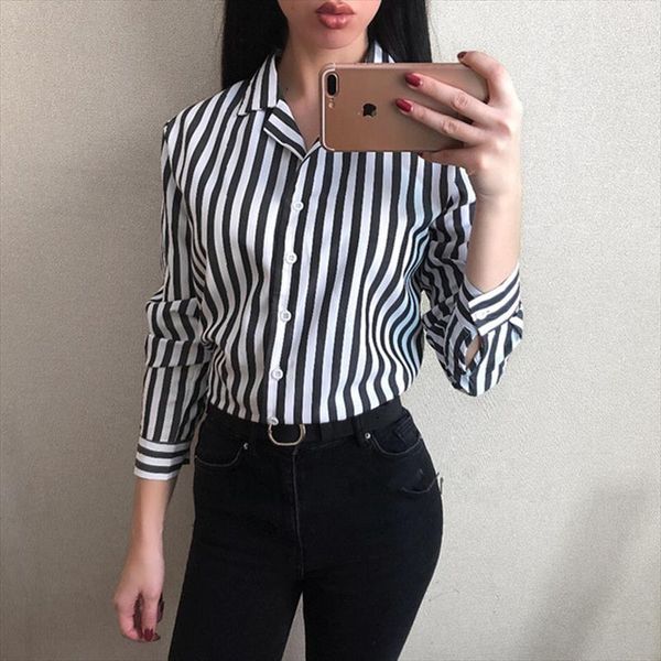 

2021 new spring women v neck long sleeve work shirts blouse striped loose femme casual office blouse for business, White