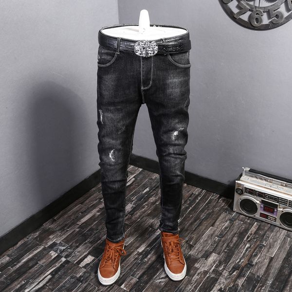 

2021 new korean style fashion black color slim fit ripped men elastic denim long pants vintage designer jeans dl1q, Blue