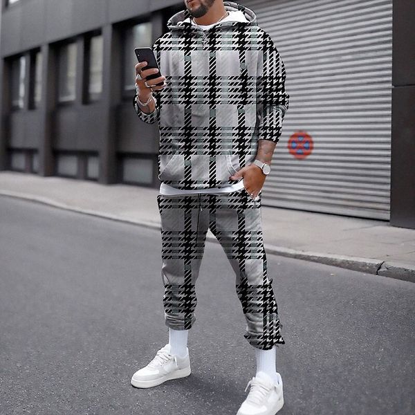 

men's 3d hoodies set plaid graphic print hooded casual daily 3d print casual streetwear hoodies sweatshirts long sleeve black and white, Gray