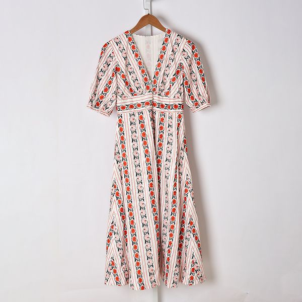 

2020 spring autumn half sleeve v neck multicolor retro print embroidery panelled mid-calf dress women fashion dresses s2718243, Black;gray