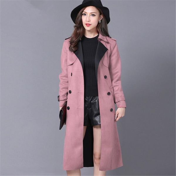 

large size 5xl 6xl autumn women's trench coat suede long double-breasted belt windbreaker lady elegant business outerwear m130, Tan;black