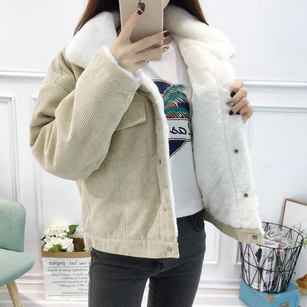

solid turn-down collar autumn jacket for women casual female winter jacket soft corduroy women coat warm student short outerwear, Black;brown