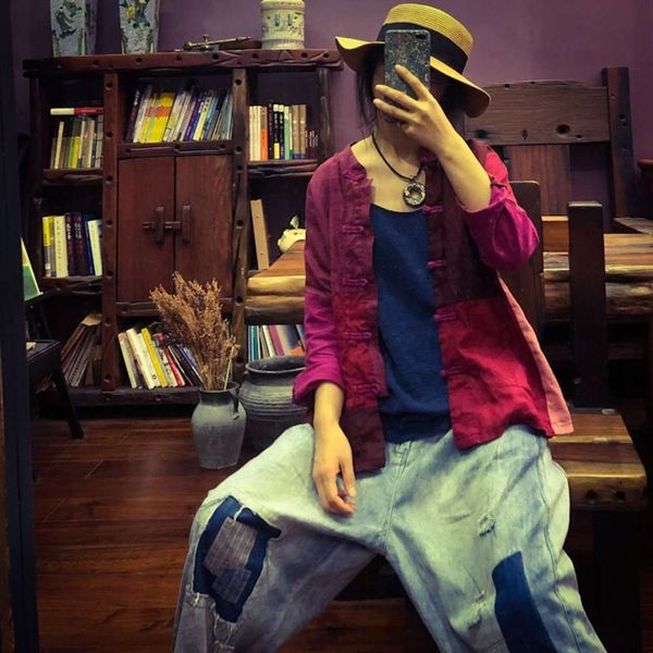 

2019 spring fall ancient clay hemp color matching plate button cardigan 1423, White