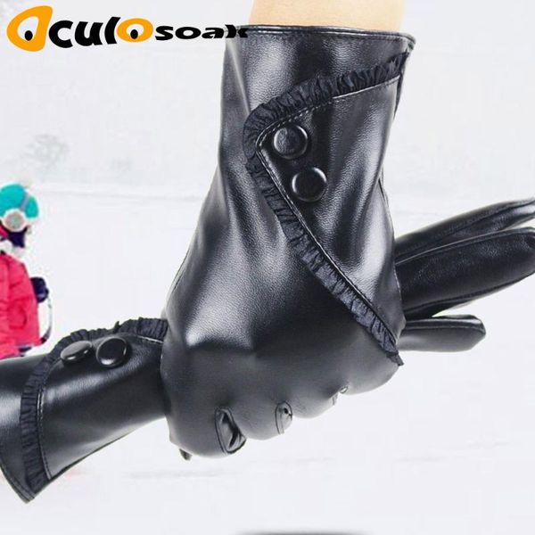 

five fingers gloves women' genuine leather winter warm fluff woman soft female fur lining riveted clasp high-quality mittens, Blue;gray