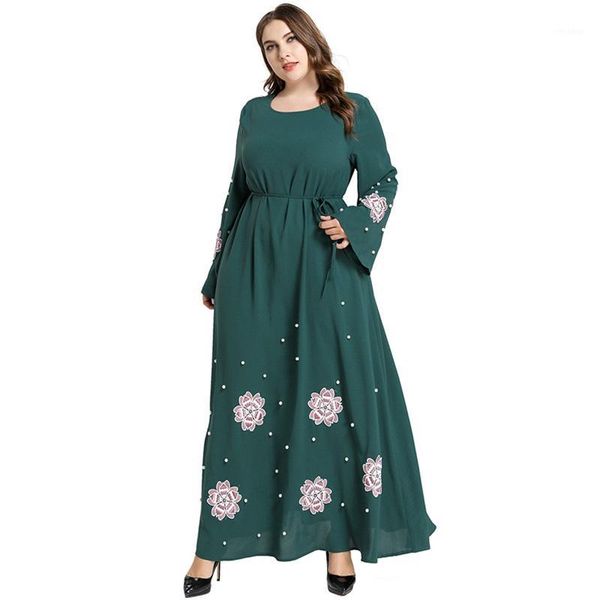 

abaya dubai dress plus size women flare long sleeve embroidery floral beading elegant party dress green maxi muslim dresses1, Red