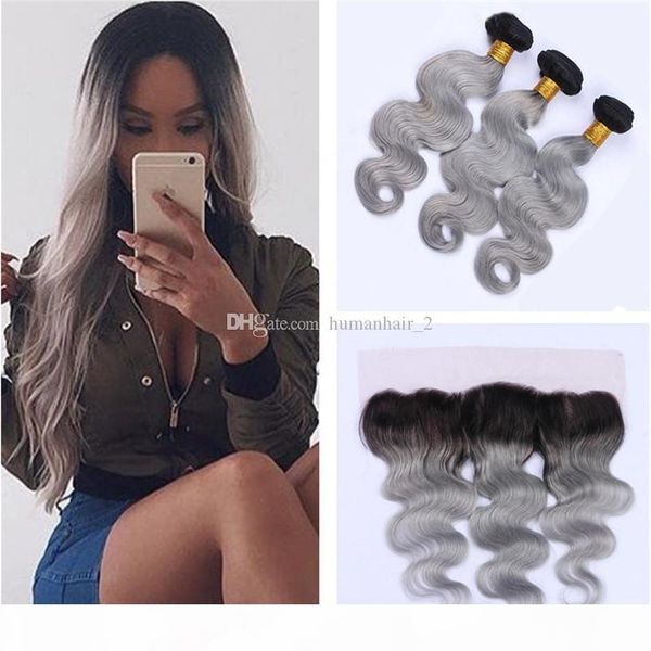 

9а класс бразильского виргинские ombre волос с frontals 1b щепка серый ombre объемная волна волос с кружевом фронтальная закрытие ombre связ, Black;brown