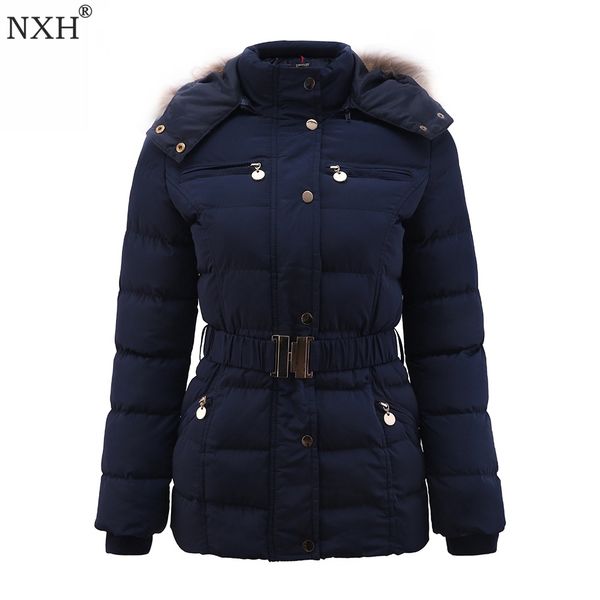 

nxh new winter womens thick coat adjustable waist pockets fur hooded ladys warm jackets botton zipper slim clothing brand 201106, Black