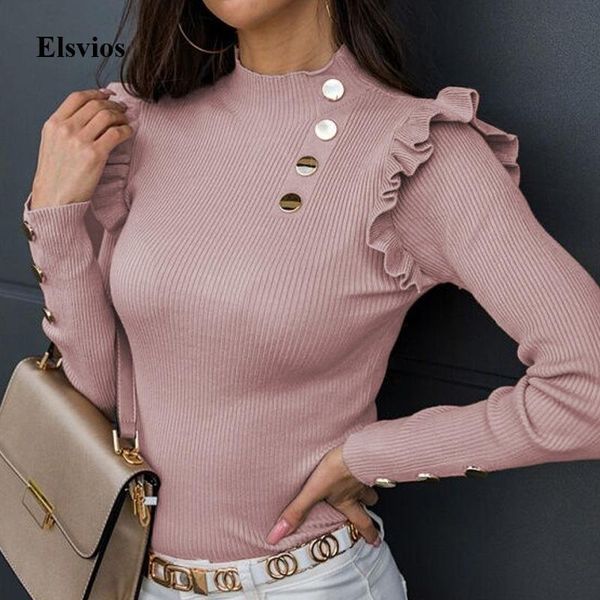 

women's blouses & shirts autumn winter turtleneck button rib knit blouse hollow out office lady women ruffle long sleeve pullover, White