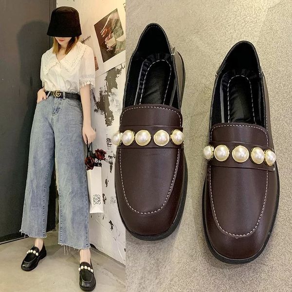 

2020 autumn women flats square toe slip on shoe pearls loafers casual shoes string bead ladies boat shoes zapatos mujer 8864n #qi4i, Black