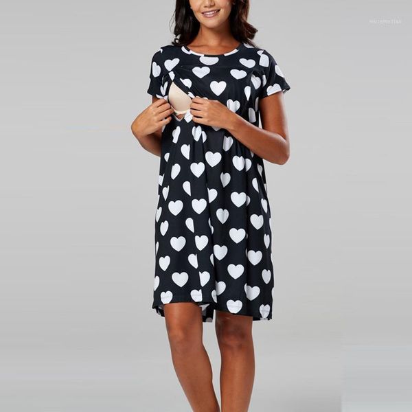 

maternity dresses dress heart dotting print breastfeeding clothes 2021 summer casual short sleeve female pregnancy d301, White