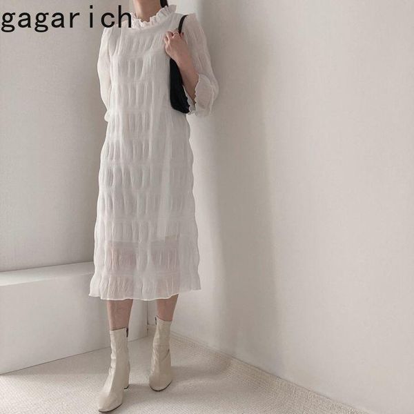 

gagarich women dress 2021 spring autumn french sweet temperament slightly transparent ruffled flared sleeve chiffon vestidos, Black;gray