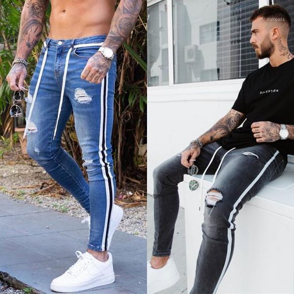 

mens skinny jeans side striped pencil pants biker ripped distressed man denim trousers stretch calças jeans masculina 2020 new1, Blue