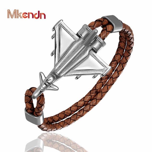 

mkendn новый дизайн оплетенные натуральные кожаные браслеты мужские из нержавеющей стали анкерные браслеты самолет женские дружбы подарки wm