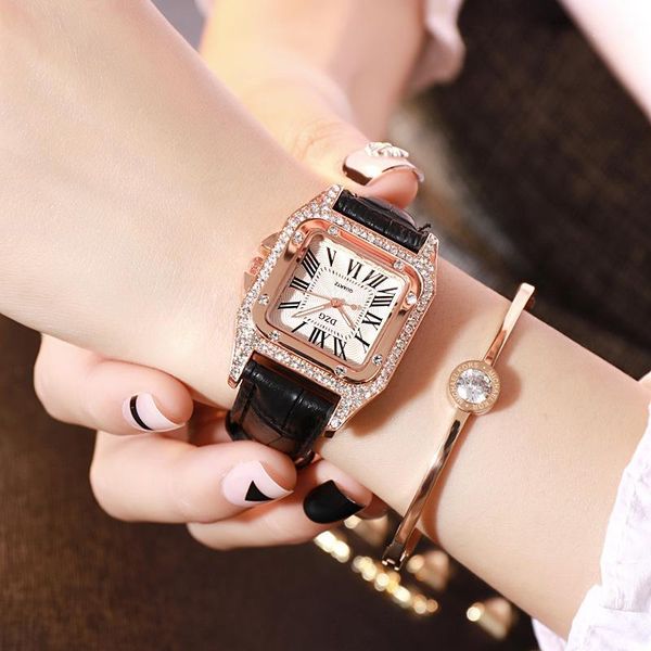 

ladies watch for women leather band quartz wristwatch female women's watch fashion luxury diamond square clock zegarek damski1, Slivery;brown