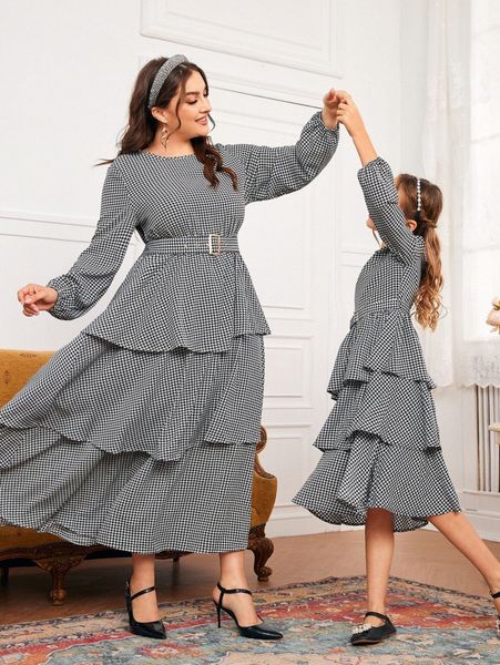 

plus 1pc houndstooth lantern sleeve layered ruffle hem belted dress k6u0#, Black