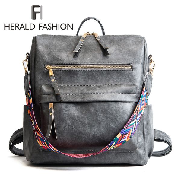 

herald fashion bohemia style shoulder bag pu leather travel backpack school bag for girls sac a dos feminina t200602