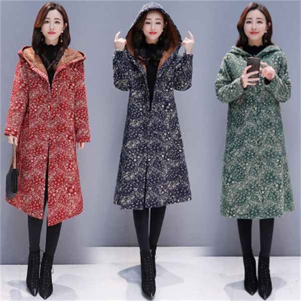 

fashion women's winter ethnic style retro loose cotton and veet thick warm hooded floral long coat female ms wild tide, Tan;black