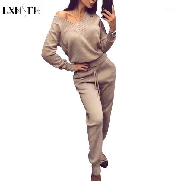 

lxmsth 2018 new fashion women knitted sweater pants set spring antumn solid v neck sets 2 pieces knit pants suits sporting1, Gray
