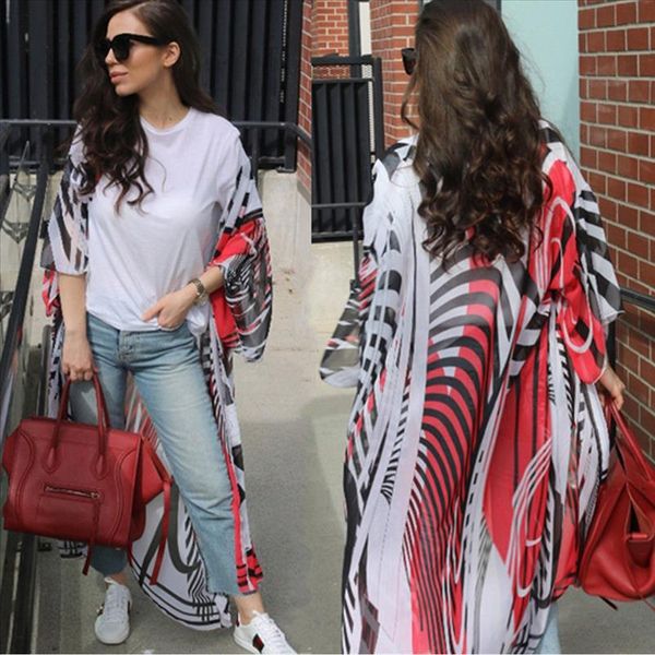 

blouse 2021 new brand womens floral loose kimono cardigan boho beach long sleeve chiffon long coat blouse, White