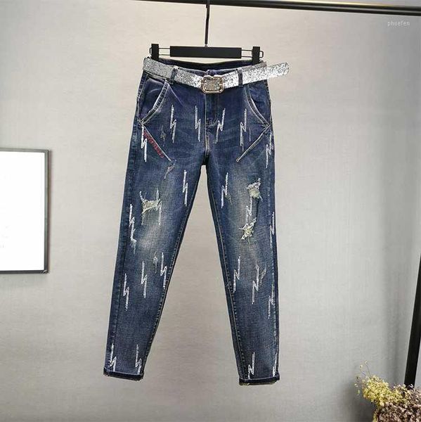 

new diamond blue jeans women high waist denim jeans 2020 fashion spring autumn loose streetwear ripped cross-pants1