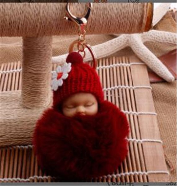 

faux sleeping fur doll keychain ball pompom car ring baby toy women holder bag pendant gifts key chain trinket, Silver