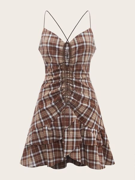

plaid print crisscross tie backless drawstring ruched front layered hem slip dress she, Black;gray