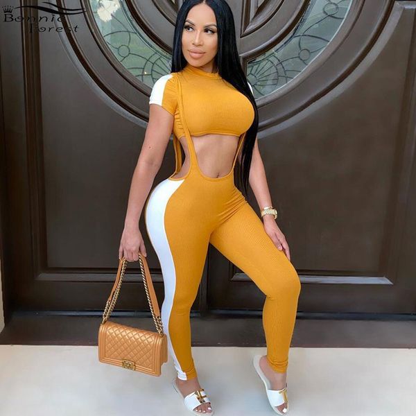 

bonnie forest casual color block ribbed matching set women tracksuit short sleeve crop and long pants set two pieces outfits t200903, Gray