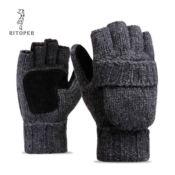 

rir plus thick male fingerless gloves men wool winter warm exposed finger mittens knitted warm flip half finger glove t200915, Blue;gray