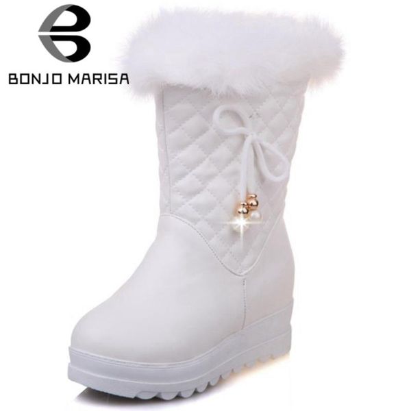 

bonjomarisa laids fashion platform mid calf boots клиньки короткие плюшевые бабочки узел жемчуги сапоги женщины теплая обувь женщина, Black