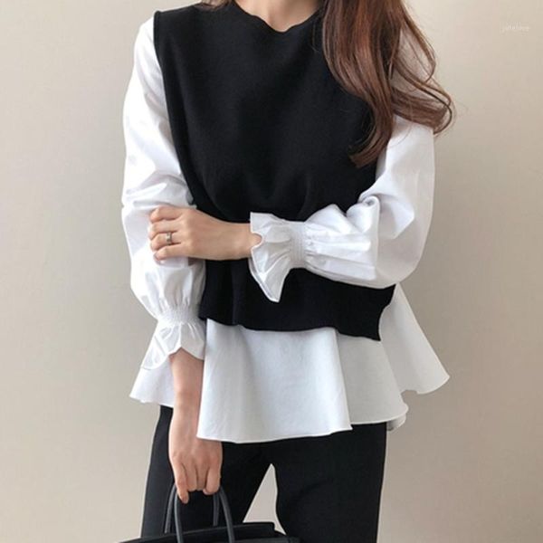 

spring long sleeve shirt knitted black vest 2pcs blouse elegant office ladies female causal women clothings plain shirts1, White