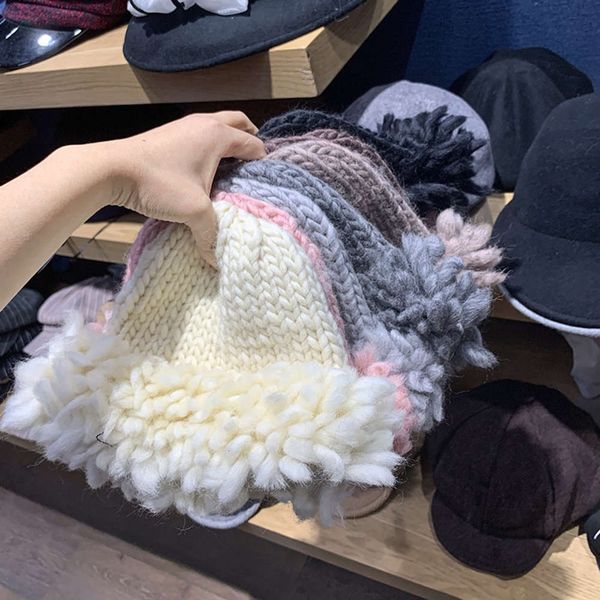 

design personality female designer winter knitting warm white coarse wool hat, Blue;gray