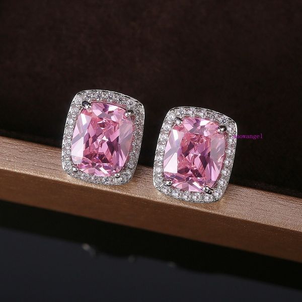 

2020 popular selling exquisite square full diamond earrings with pink zircon, Silver