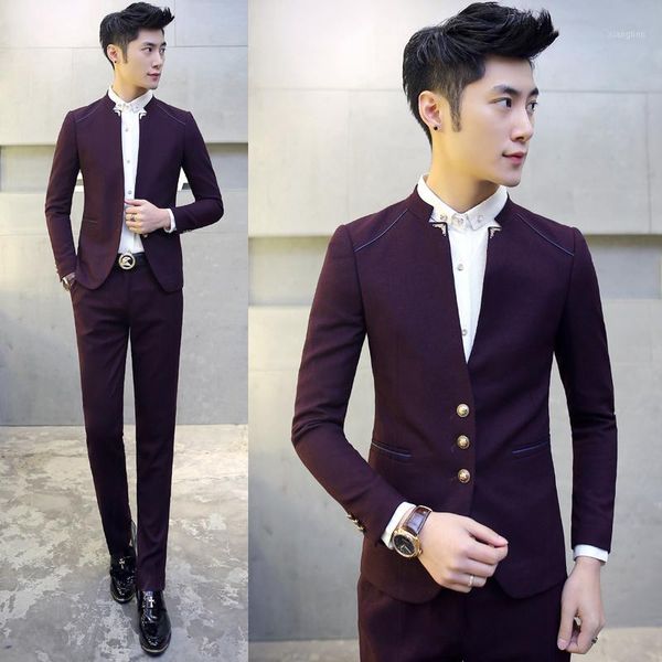 

blazer with pants mandarin collar tuxedo slim fit 3xl men suits bridegroom costume homme mariage navy black wine red1, White;black