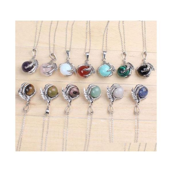 

wholesale 20pcs classic silver plated chain mixed stone dragon claw round beads pendant necklace jewelry llu2z