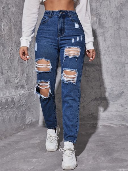 

high waist ripped frayed tapered jeans 56ra#, Blue