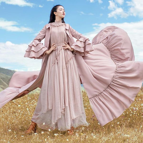 

women's trench coats 2021 fashion women long maxi ruffles sleeve dresses autumn boshow single breasted dress with belt s-l, Tan;black