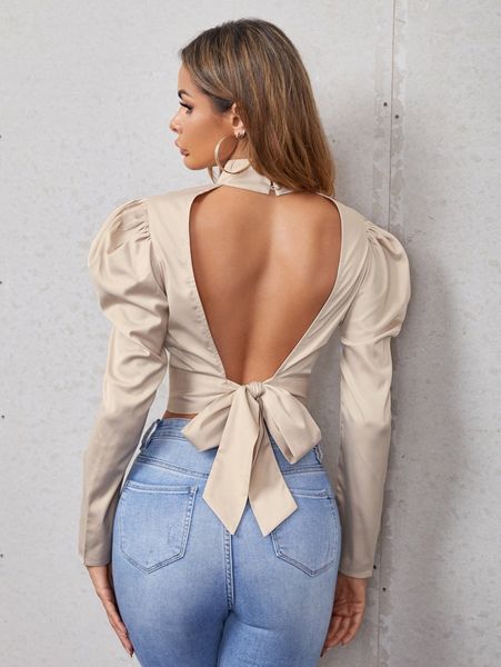 

backless tie back blouse h89r#, White