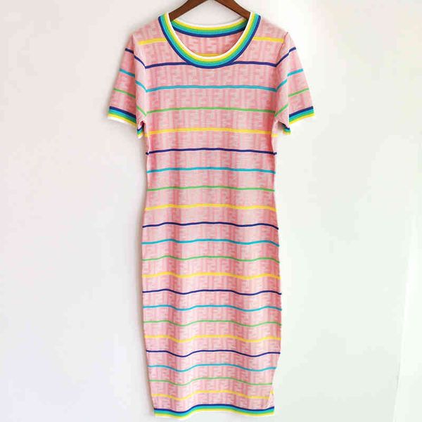 

summer contrast stripe jacquard round neck short sleeve knitted dress, Black;white