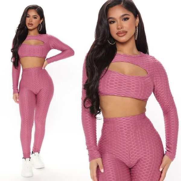 

knitted solid color hollow out long sleeve crop tshirts & leggings bodycon sweatpants women two piece outfits, Gray