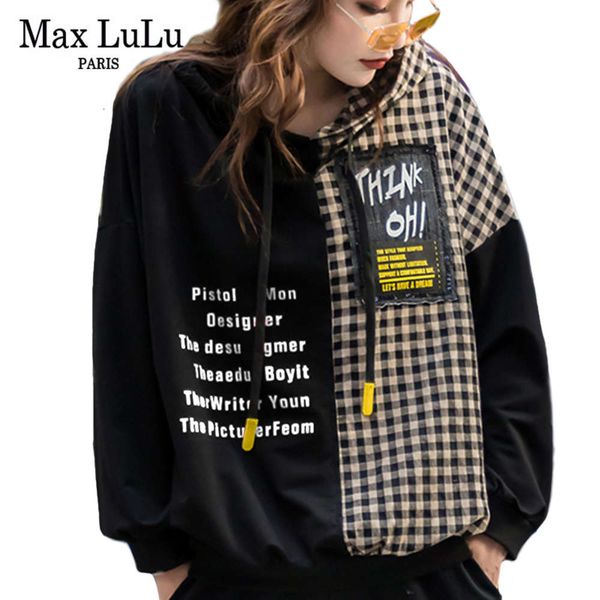 

max lulu 2021 autumn european fashion style ladies punk clothes women plaid hooded hoodies vintage patchwork printed sweatshirts