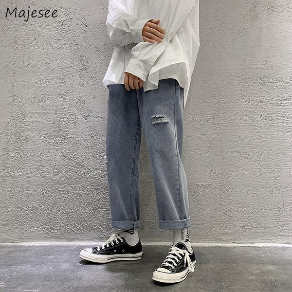 

men jeans korean vintage holes frayed straight denim trousers streetwear hip hop oversize 3xl ankle length all-match breathable, Blue