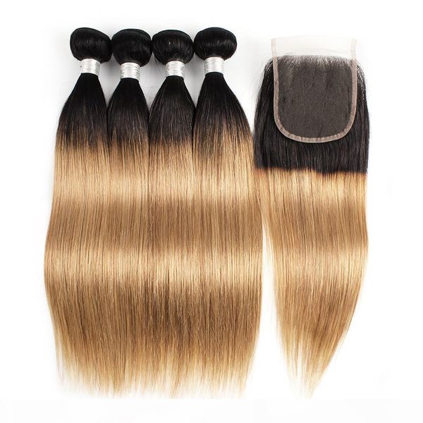 

1b 27 brazilian virgin straight human hair bundles with closure ombre honey blonde 4 bundles with lace closure 100% remy hair extensions, Black;brown