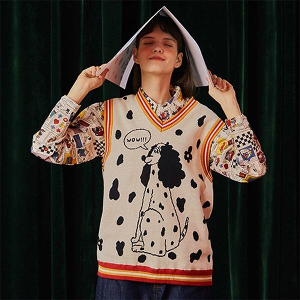 

spring new design letters cartoon dog women winter sweaters sleeveless femme thick knit vest pullover v neck loose lj201126, White;black