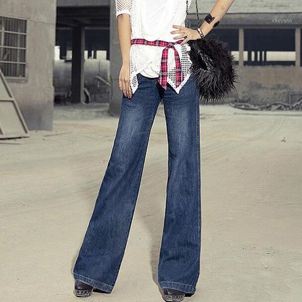 

2020 vintage women's wide leg flare jeans loose bell-bottom mid waist slim trousers plus size t1871, Blue