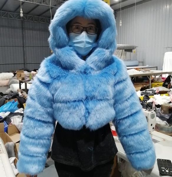 

2020 faux fur ladies jacket europe and america hooded faux fox fur short coat long sleeve stitching ladies jacket woman coat, Black